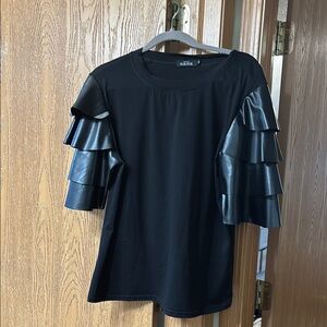 Omoré Black Short Sleeve Tee with Tiered Faux-Leather Ruffles